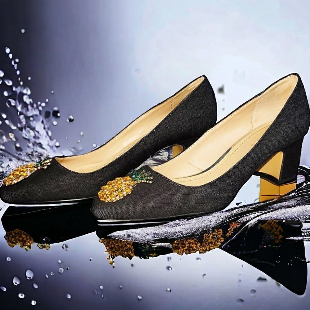Zara gray blue denim gems PINEAPPLE chunky heels pumps